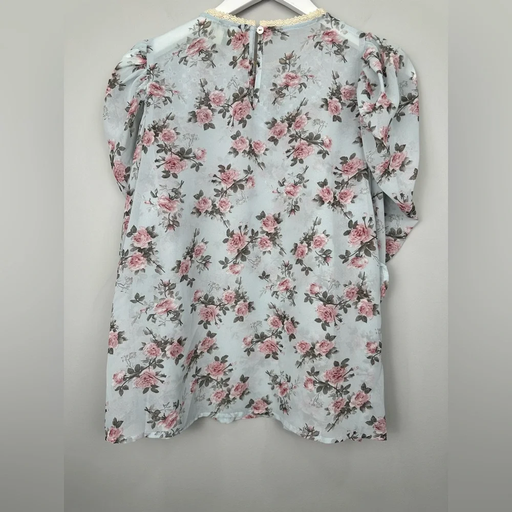 Umgee Floral Sheer Lace Puff Sleeve Top Blouse Medium